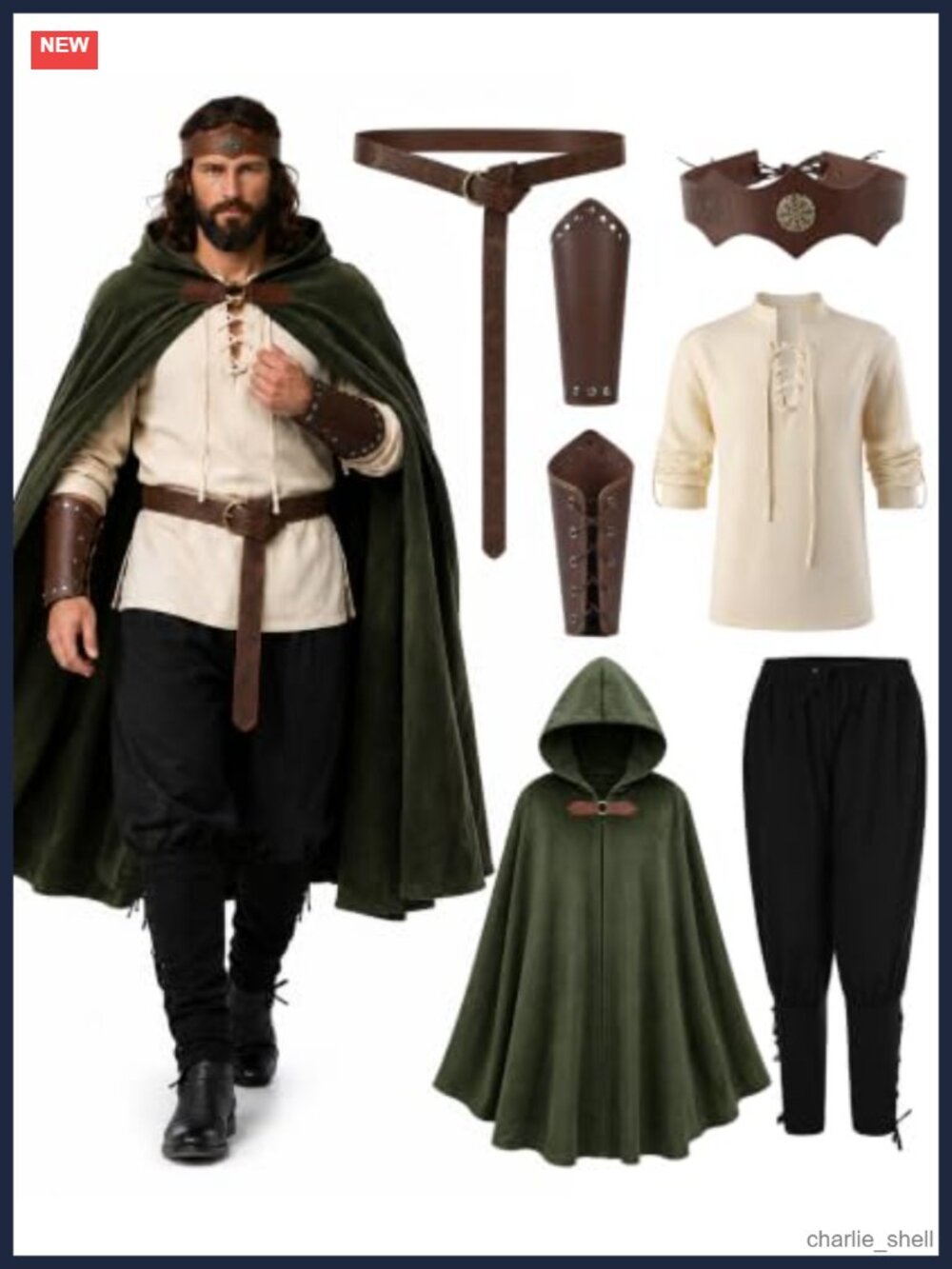 Men's 7-Piece Renaissance Costume Set with Hooded Cloak Shirt Pants LARP Ren